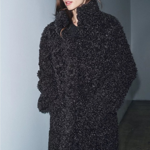 New Zara faux shearling long fleece teddy coat in taupe gray - small - Picture 2 of 11